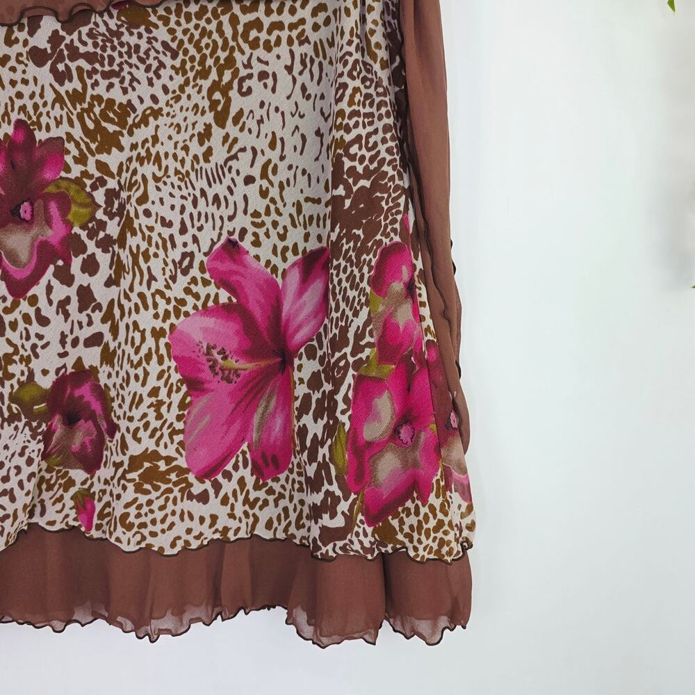 Y2K Chiffon Skirt Medium Brown Leopard Tropical Floral Fairy Grunge Whimsical - Picture 5 of 11